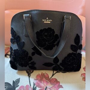 kate spade Black Floral Cameron Velvet-Appliqué Dome Satchel with Gold Logo